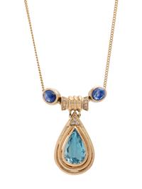 AQUAMARINE, SAPPHIRE AND DIAMOND NECKLACE