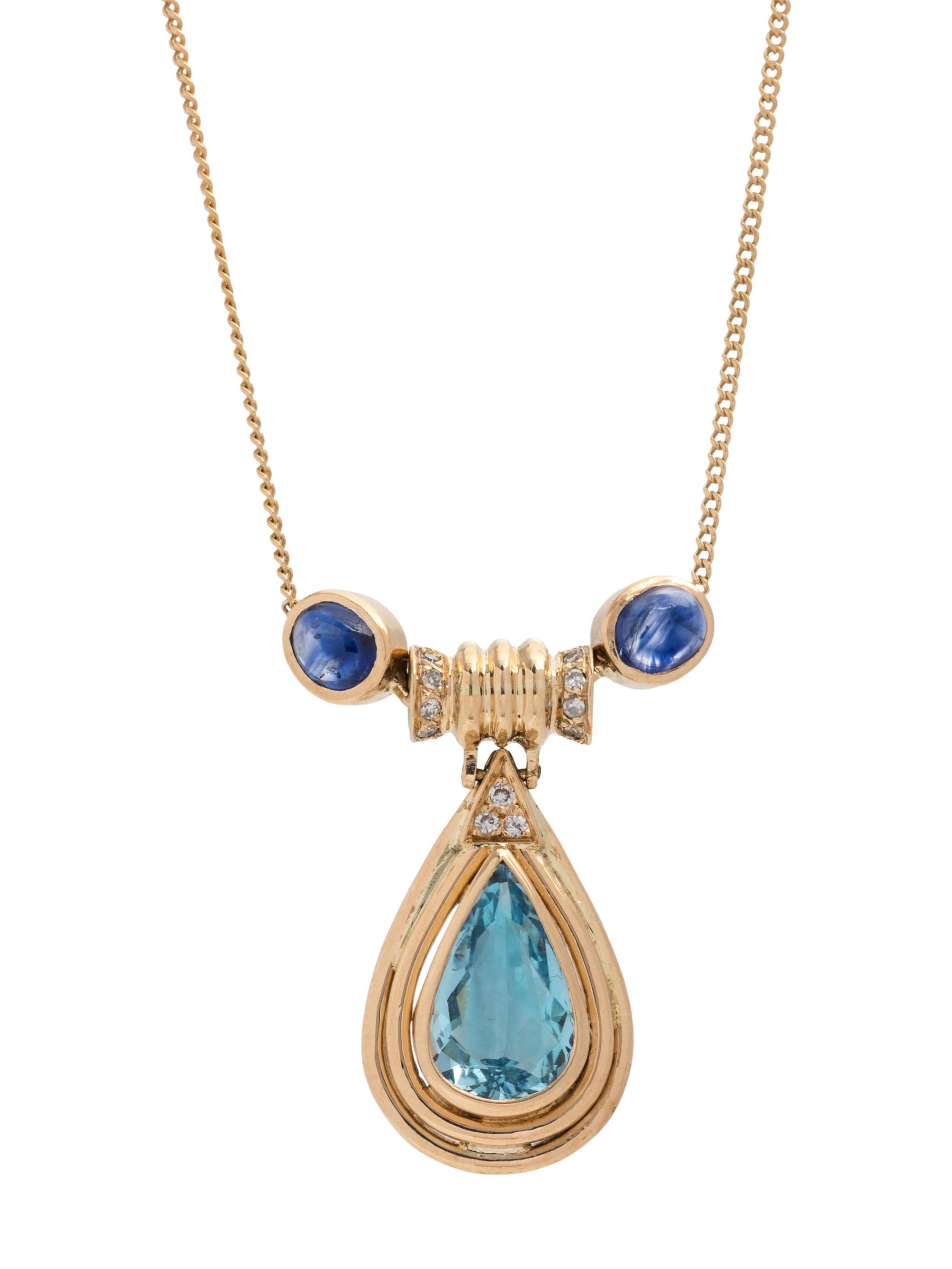 AQUAMARINE, SAPPHIRE AND DIAMOND NECKLACE