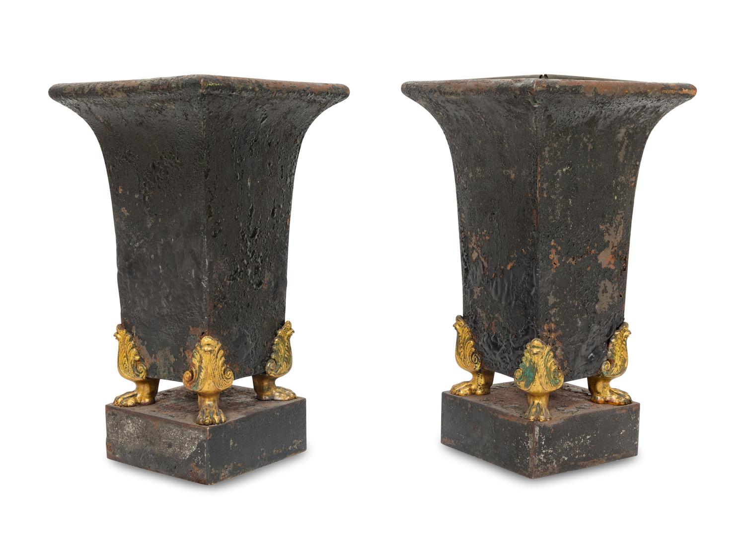 A Pair of Regency Gilt Metal Mounted Tole Vases