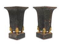 A Pair of Regency Gilt Metal Mounted Tole Vases