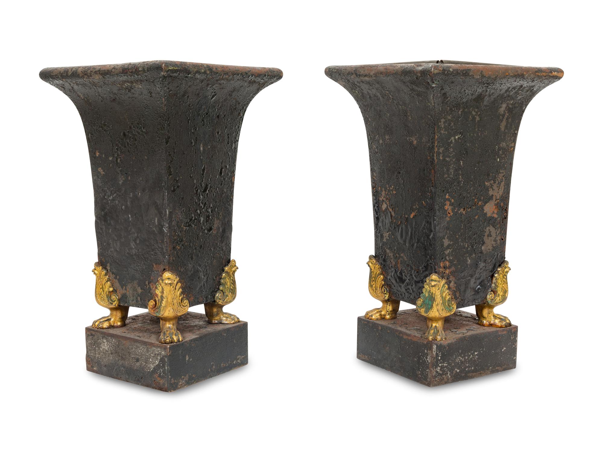 A Pair of Regency Gilt Metal Mounted Tole Vases