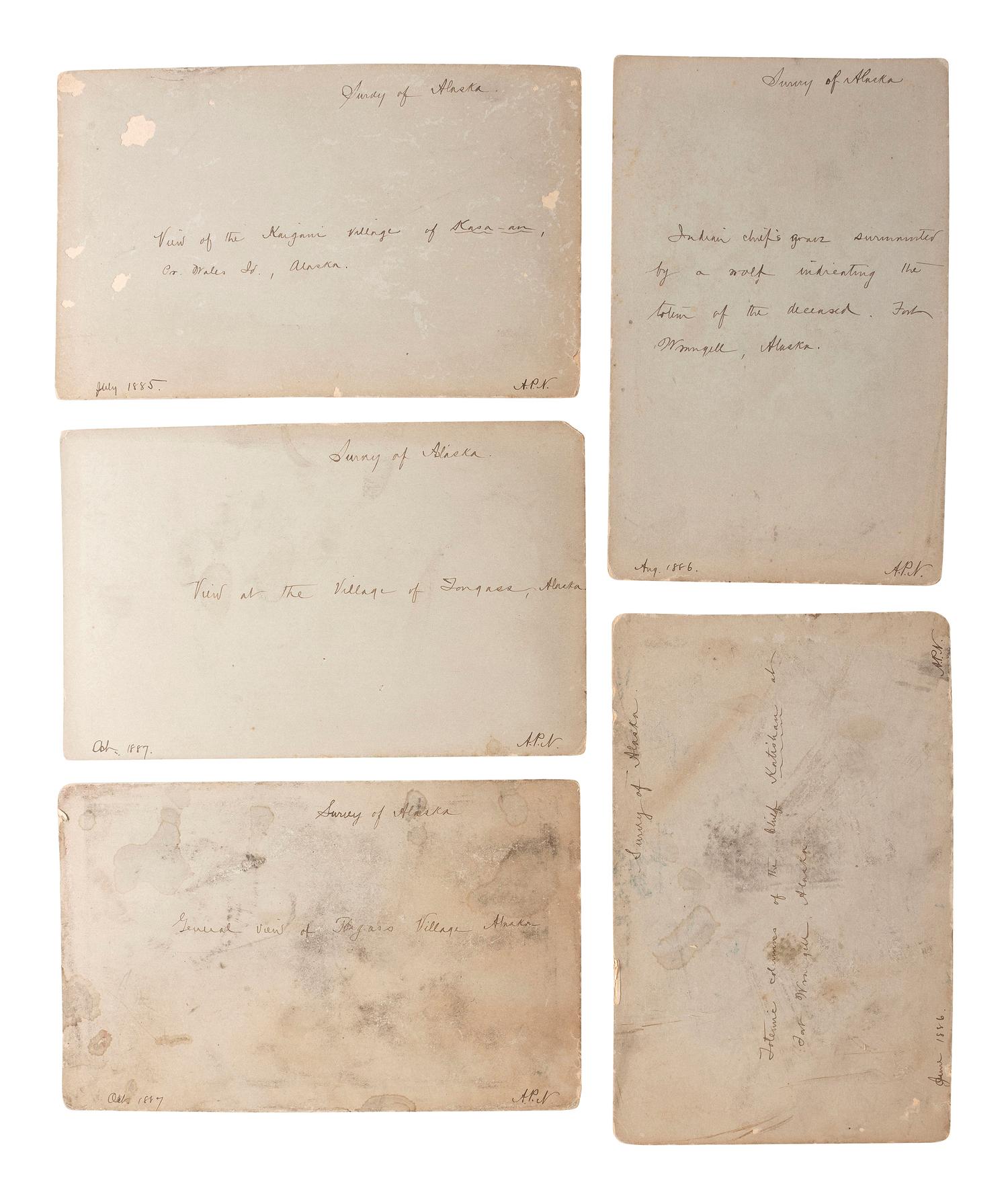 [NATIVE AMERICANS]. A group of 7 boudoir photographs of Fort Wrangell, Alaska, incl. views of natives in dance costume, totem poles, and scenic views. Ca 1885-87.