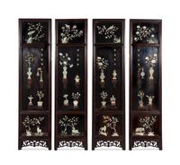A Set of Four Hardstone Embellished Black Lacquered Wood Panels
