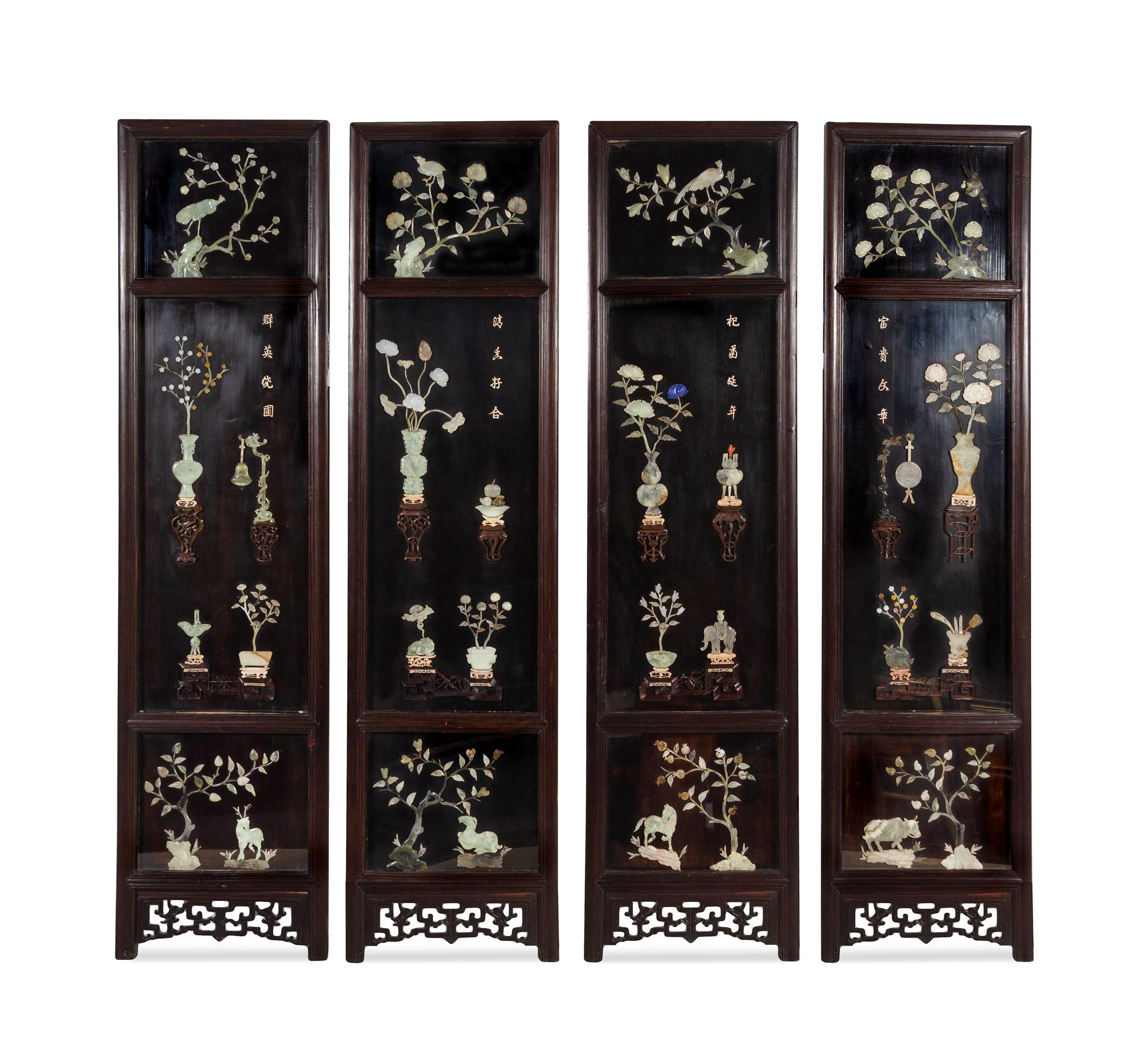 A Set of Four Hardstone Embellished Black Lacquered Wood Panels