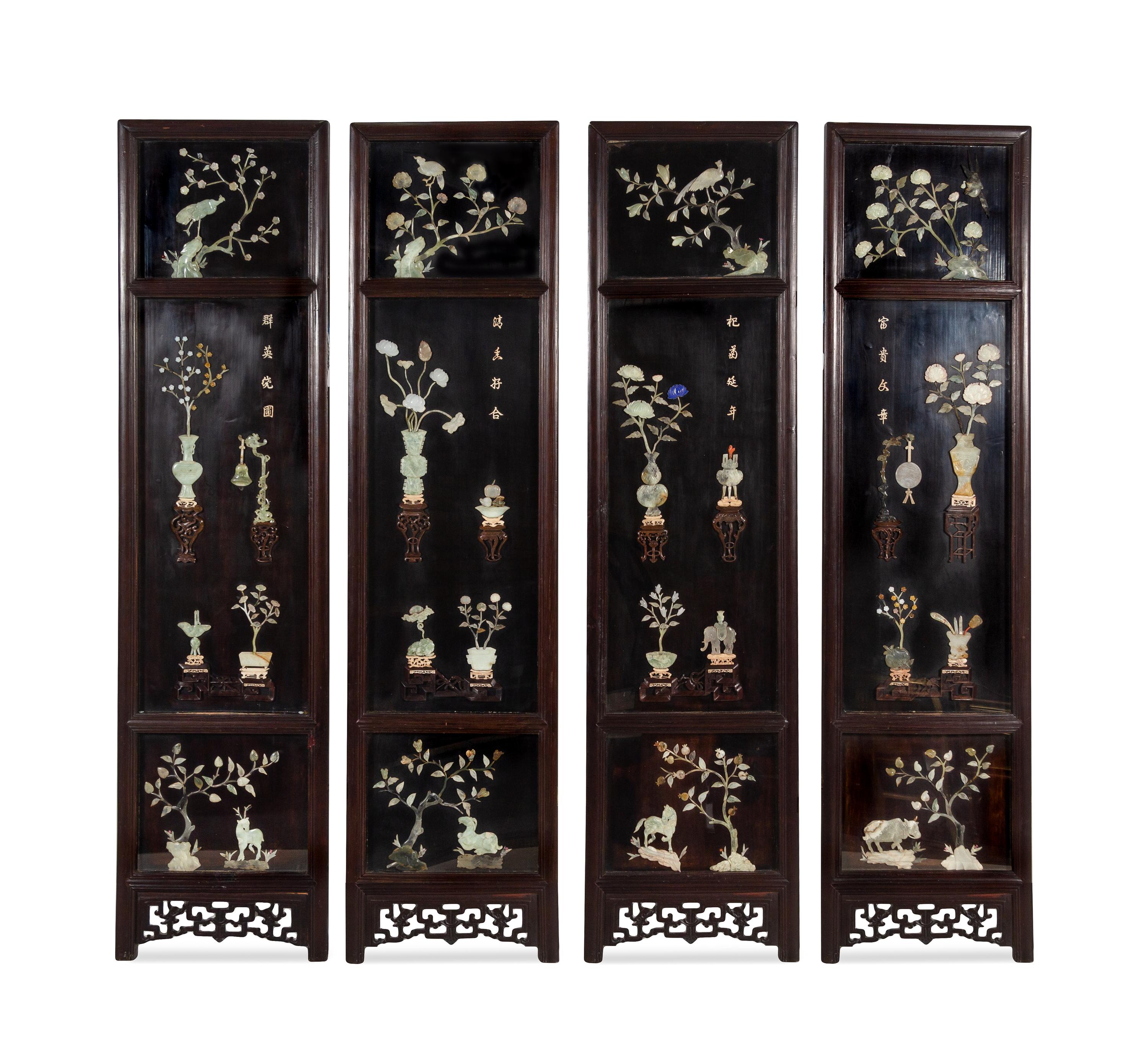 A Set of Four Hardstone Embellished Black Lacquered Wood Panels