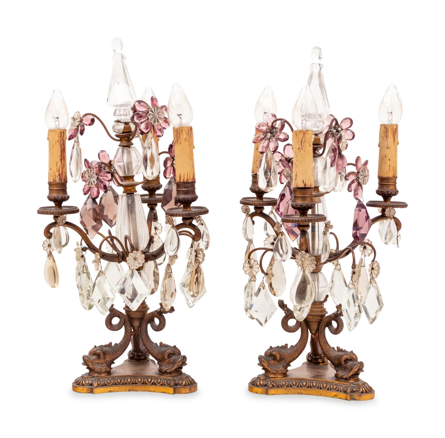 A Pair of French Gilt Metal and Cut Glass Three-Light Candelabra