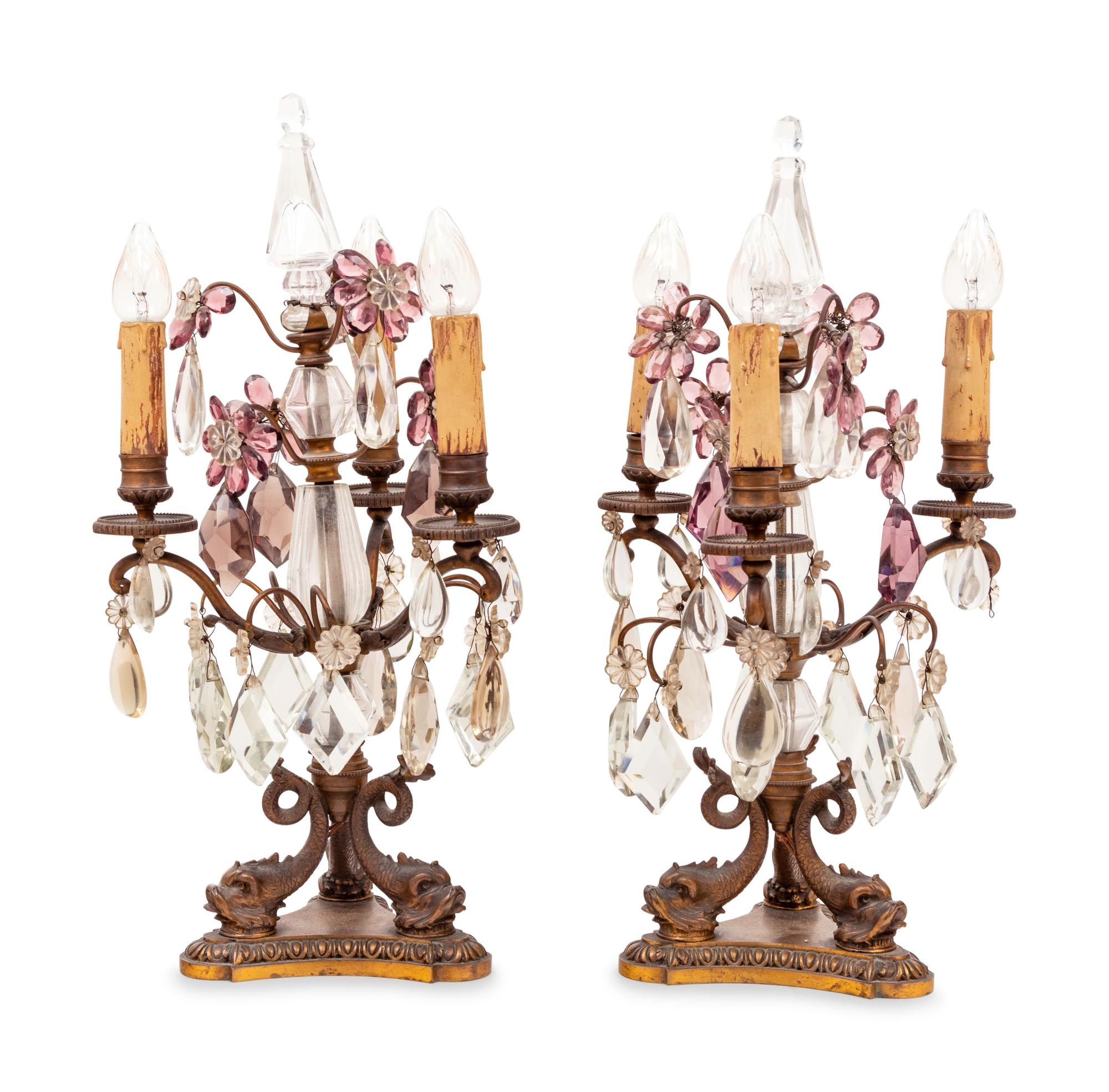 A Pair of French Gilt Metal and Cut Glass Three-Light Candelabra