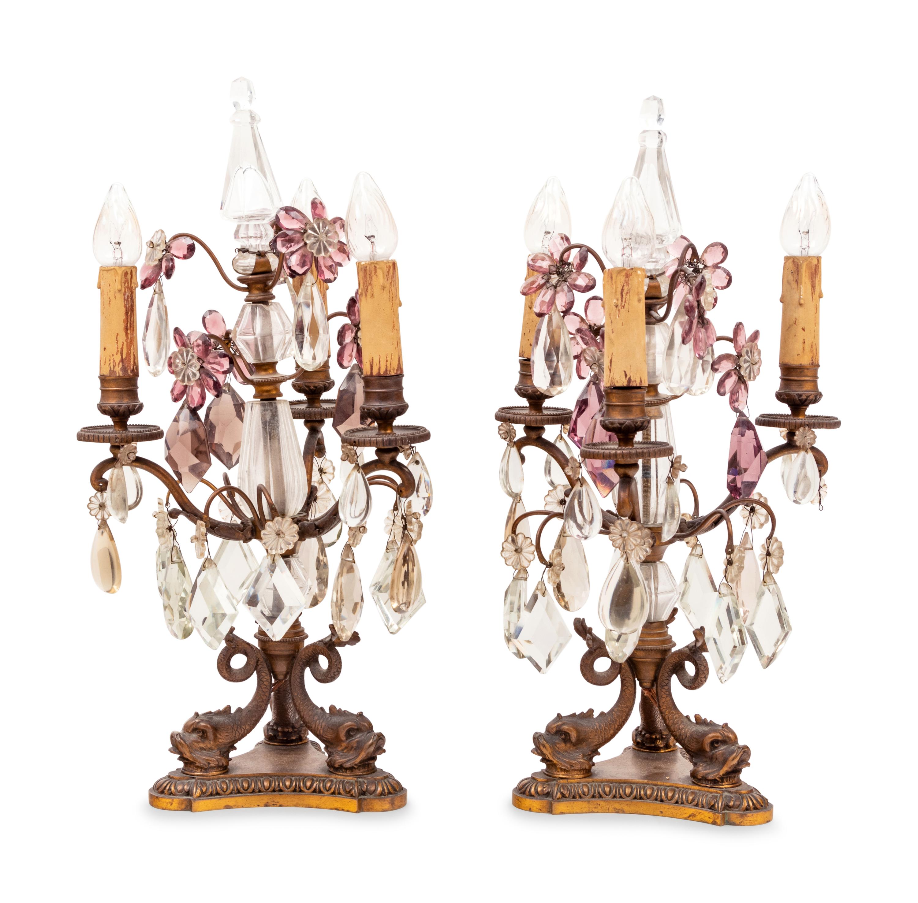 A Pair of French Gilt Metal and Cut Glass Three-Light Candelabra