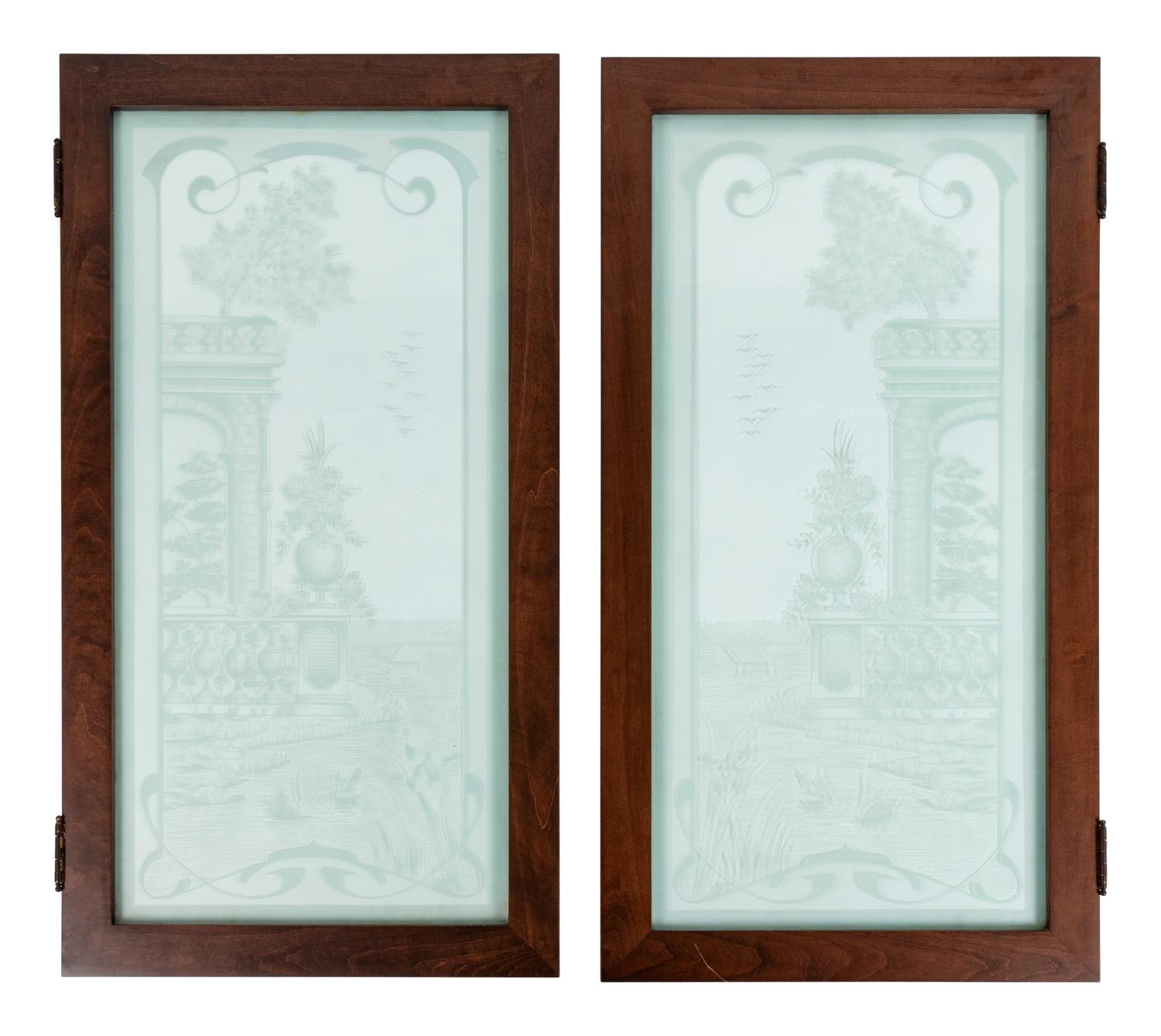 A Pair of Art Nouveau Style Etched Glass Windows