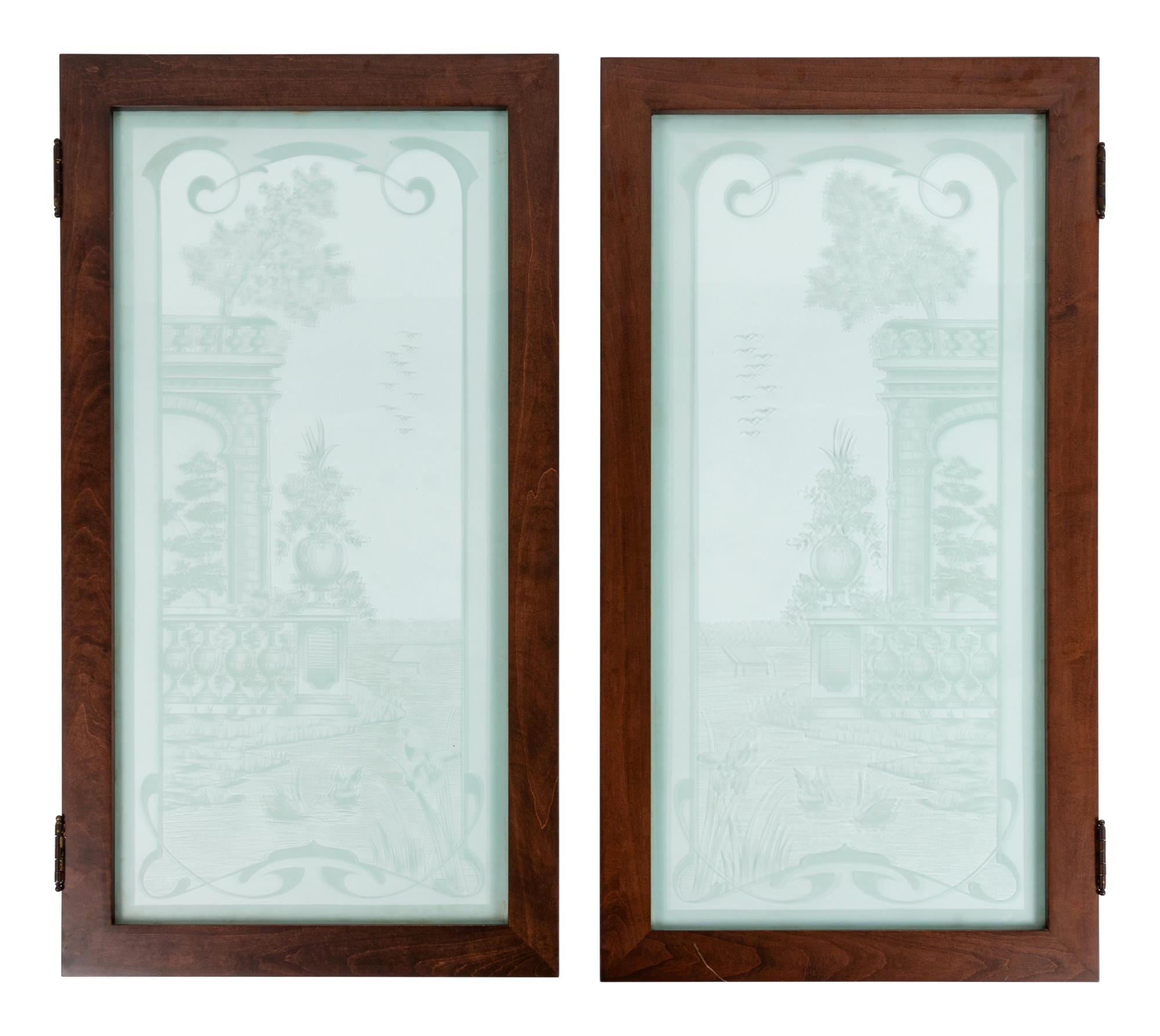 A Pair of Art Nouveau Style Etched Glass Windows