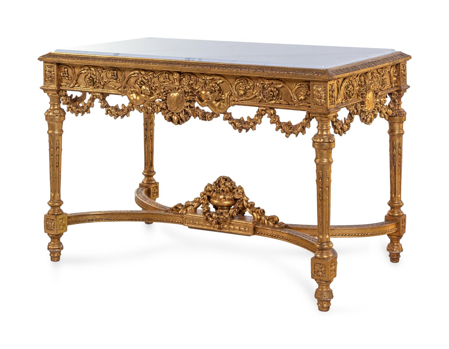 A Louis XVI Style Carved Giltwood Marble-Top Center Table