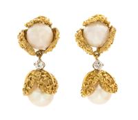A Pair of 18 Karat Yellow Gold, Cultured Pearl, and Diamond Earrings, 12.70 dwts.