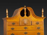 A Queen Anne Fan-Carved Tiger Maple Bonnet-Top Tablet-Foot High Chest
