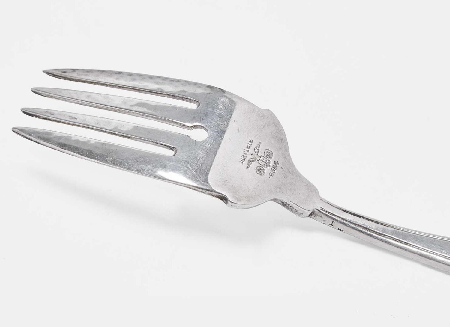 A set of six Art Nouveau .9584 silver salad forks, Martelé, Gorham Mfg. Co., Providence, RI, circa 1905