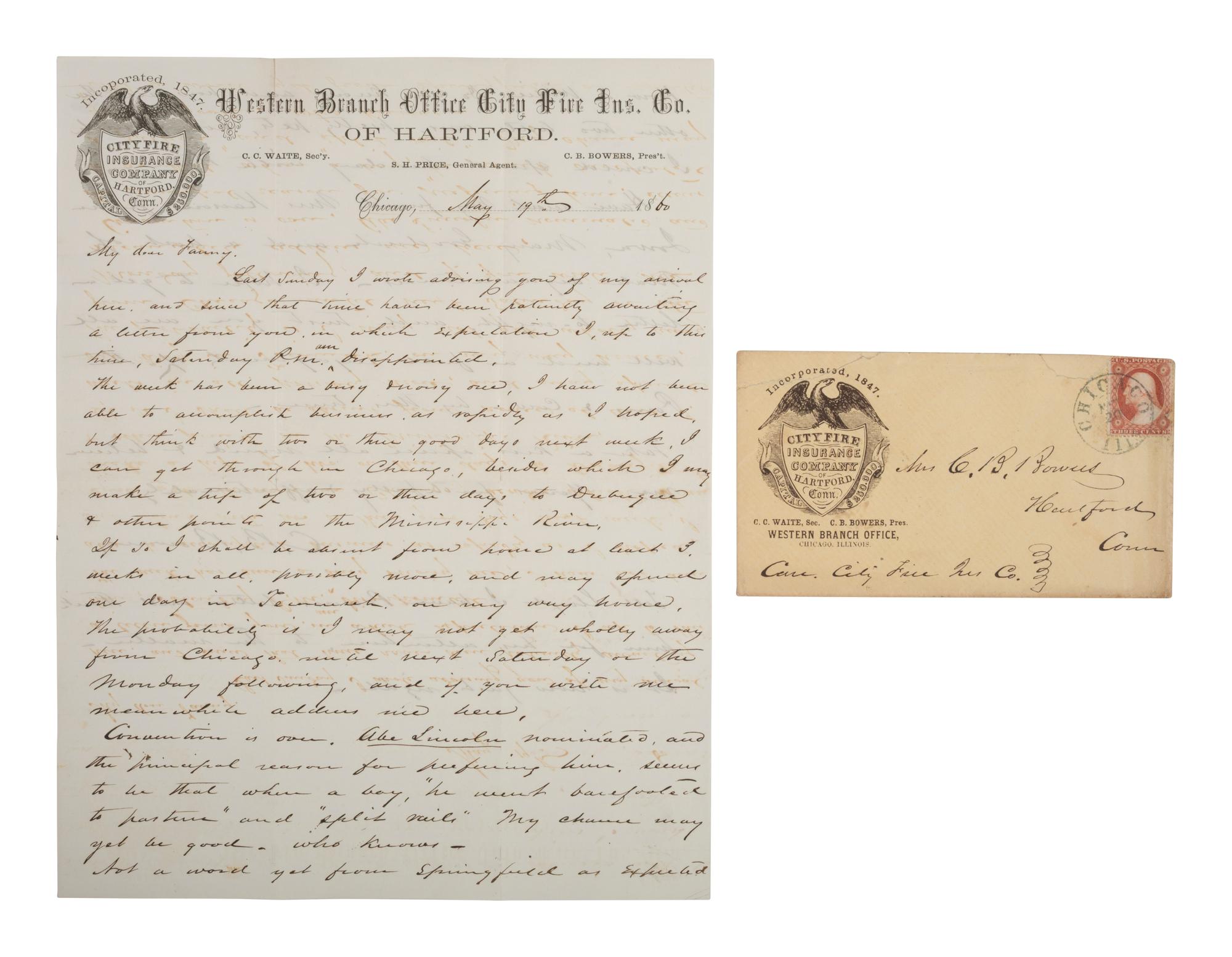 [LINCOLN]. ALS mentioning nomination of Lincoln, who "split rails" as a young boy. 19 May 1860.