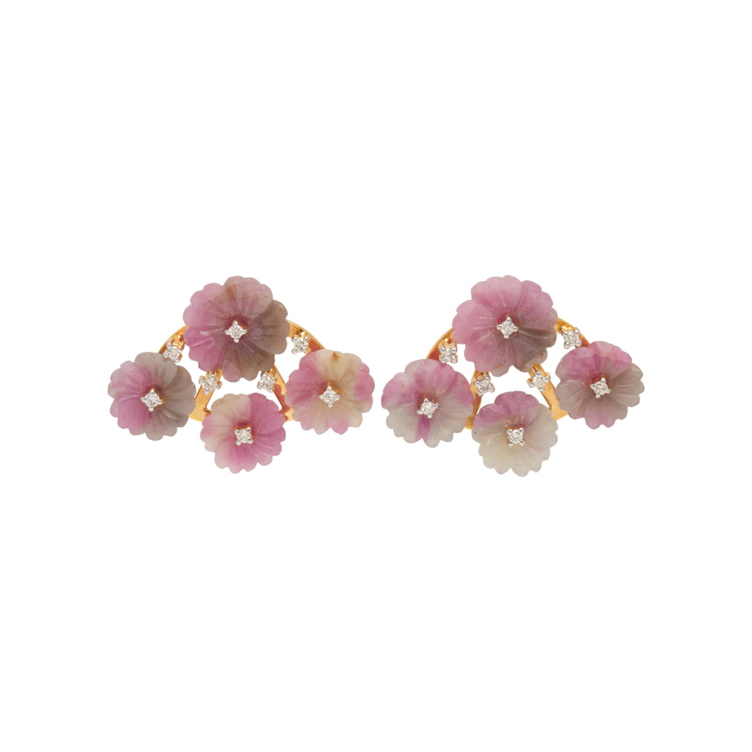 CARVED SAPPHIRE AND DIAMOND FLOWER EARRINGS