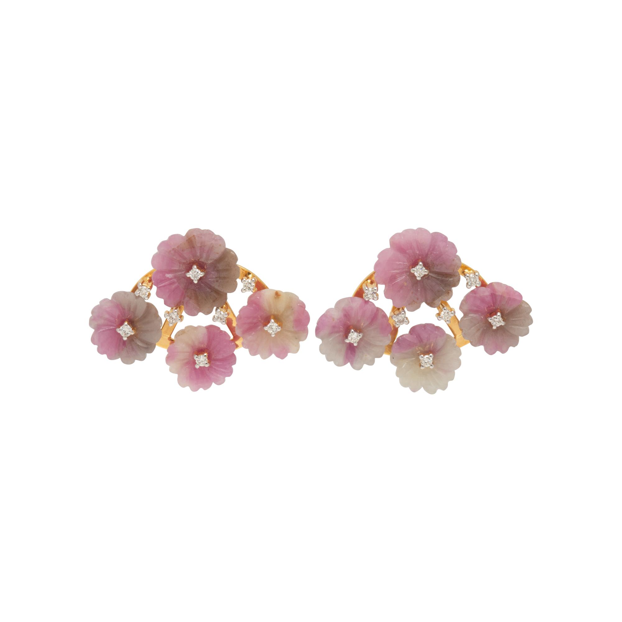 CARVED SAPPHIRE AND DIAMOND FLOWER EARRINGS