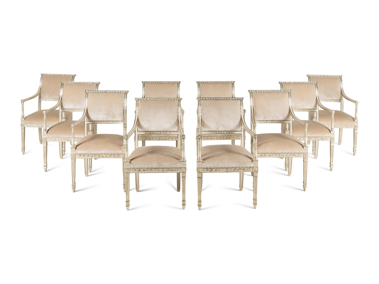 A Set of Ten Dennis and Leen Painted and Parcel Gilt Dining Chairs