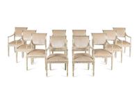 A Set of Ten Dennis and Leen Painted and Parcel Gilt Dining Chairs