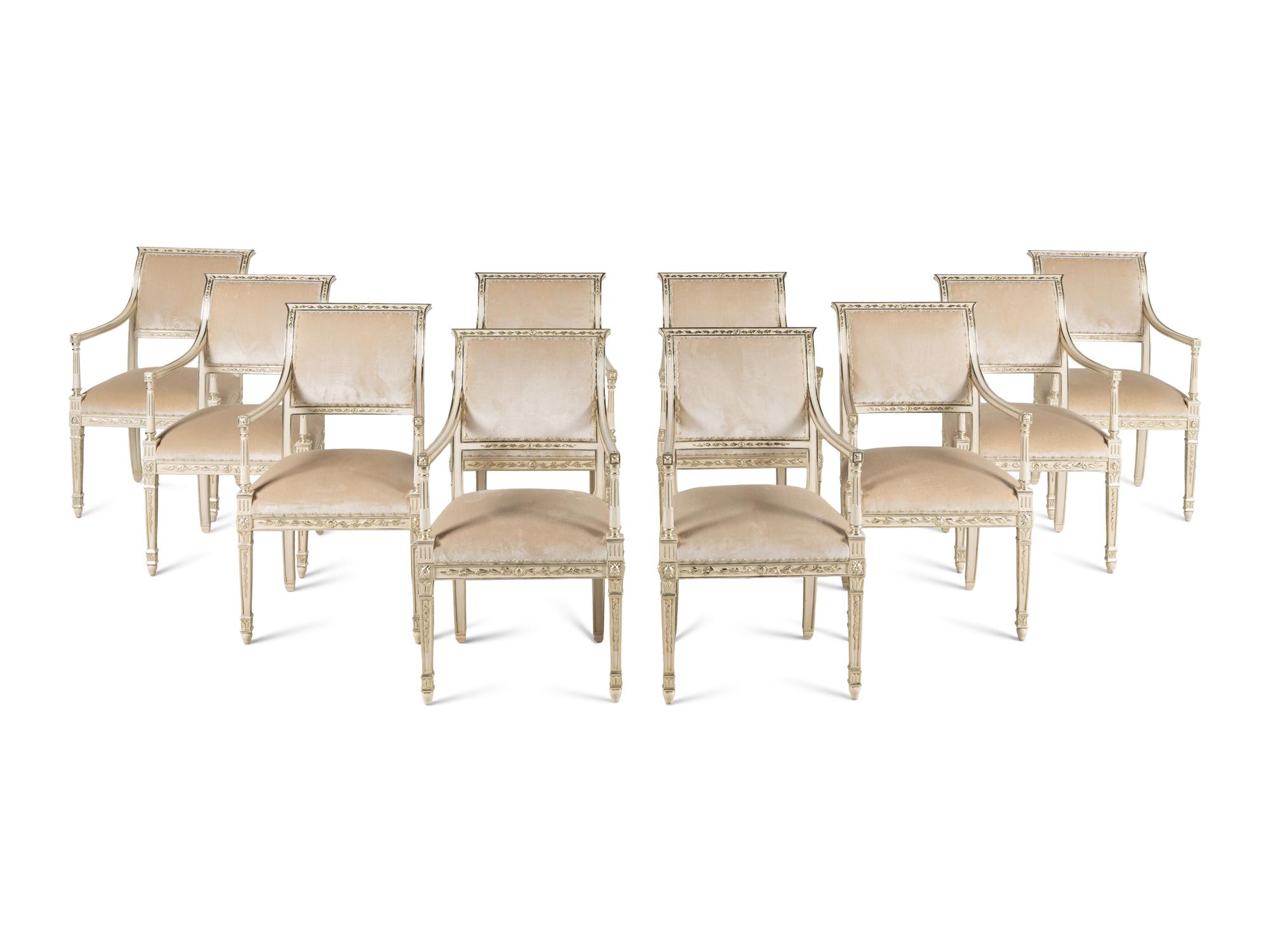 A Set of Ten Dennis and Leen Painted and Parcel Gilt Dining Chairs