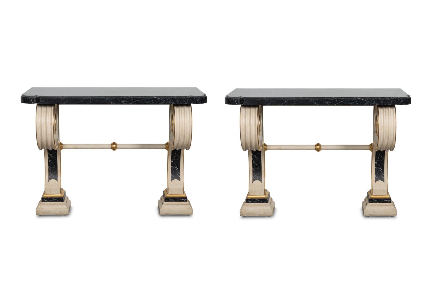 A Pair of Neoclassical Style Cream-Painted and Parcel Gilt Console Tables with Faux-Painted Marble Tops