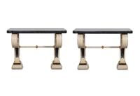 A Pair of Neoclassical Style Cream-Painted and Parcel Gilt Console Tables with Faux-Painted Marble Tops