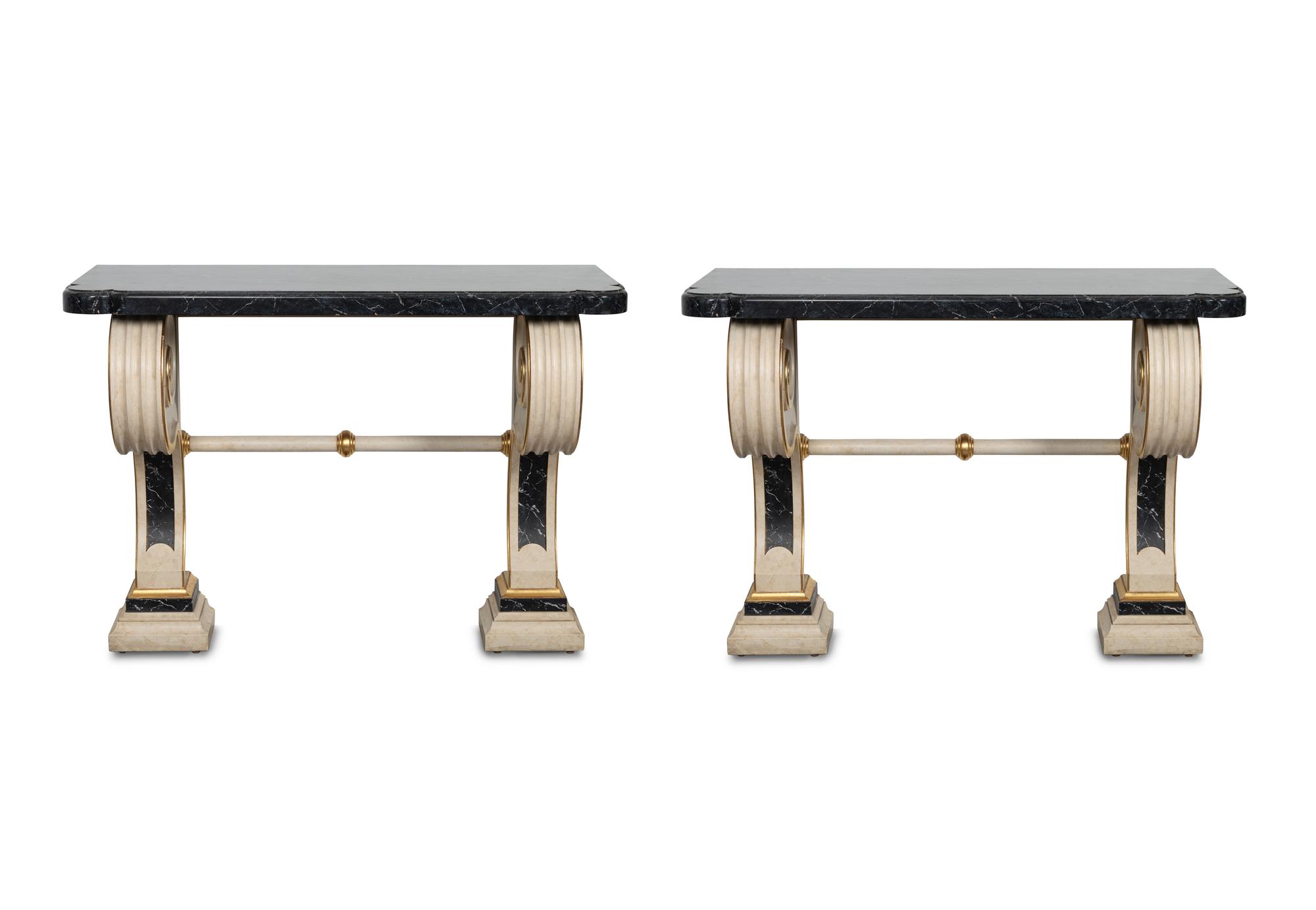A Pair of Neoclassical Style Cream-Painted and Parcel Gilt Console Tables with Faux-Painted Marble Tops