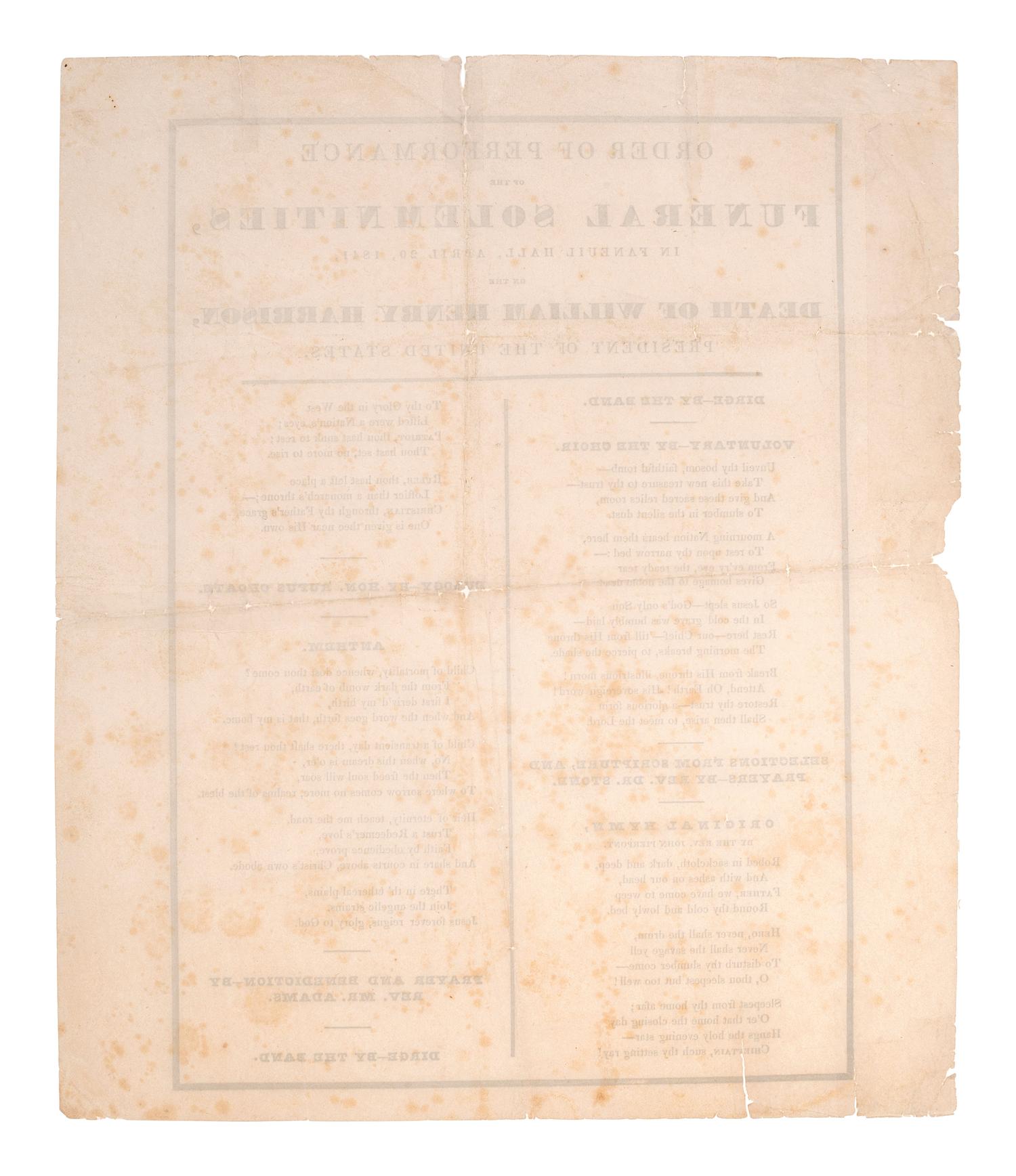 [HARRISON, William Henry]. A group of broadsides, handbills, and manuscripts related to the funeral of William Henry Harrison.