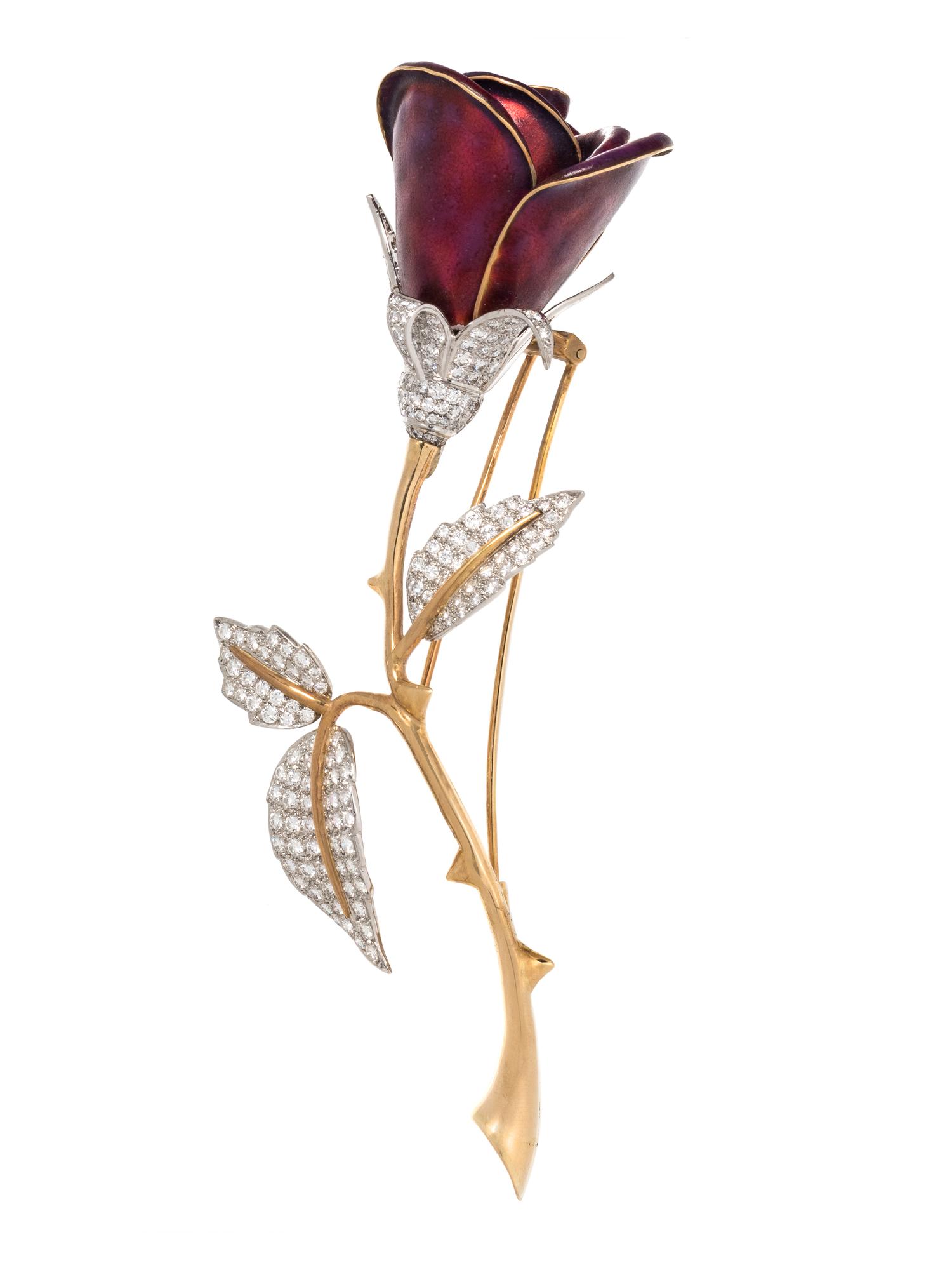 EVELYN CLOTHIER, ENAMEL AND DIAMOND ROSE BROOCH