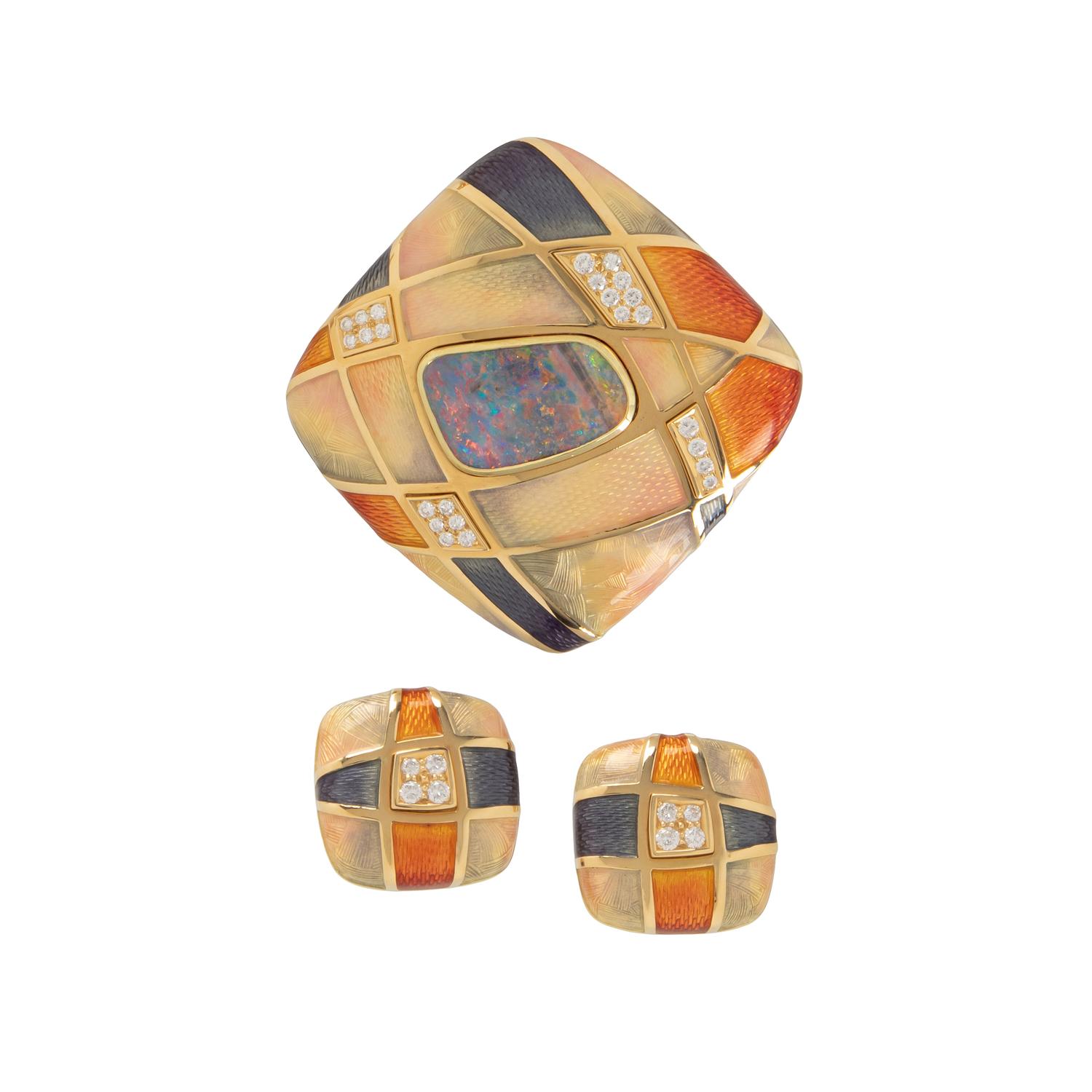 DE VROOMEN, BOULDER OPAL AND DIAMOND BROOCH AND EARRINGS