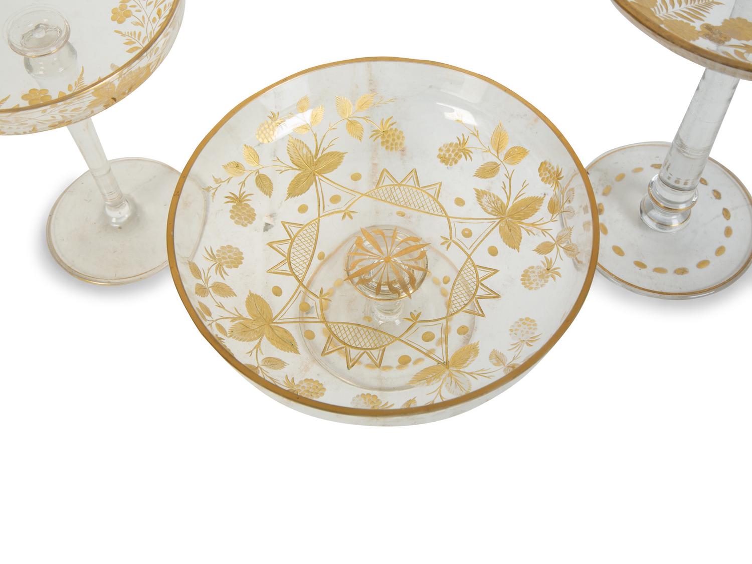Three French Gilt Etched Glass Compotes — 19TH CENTURY