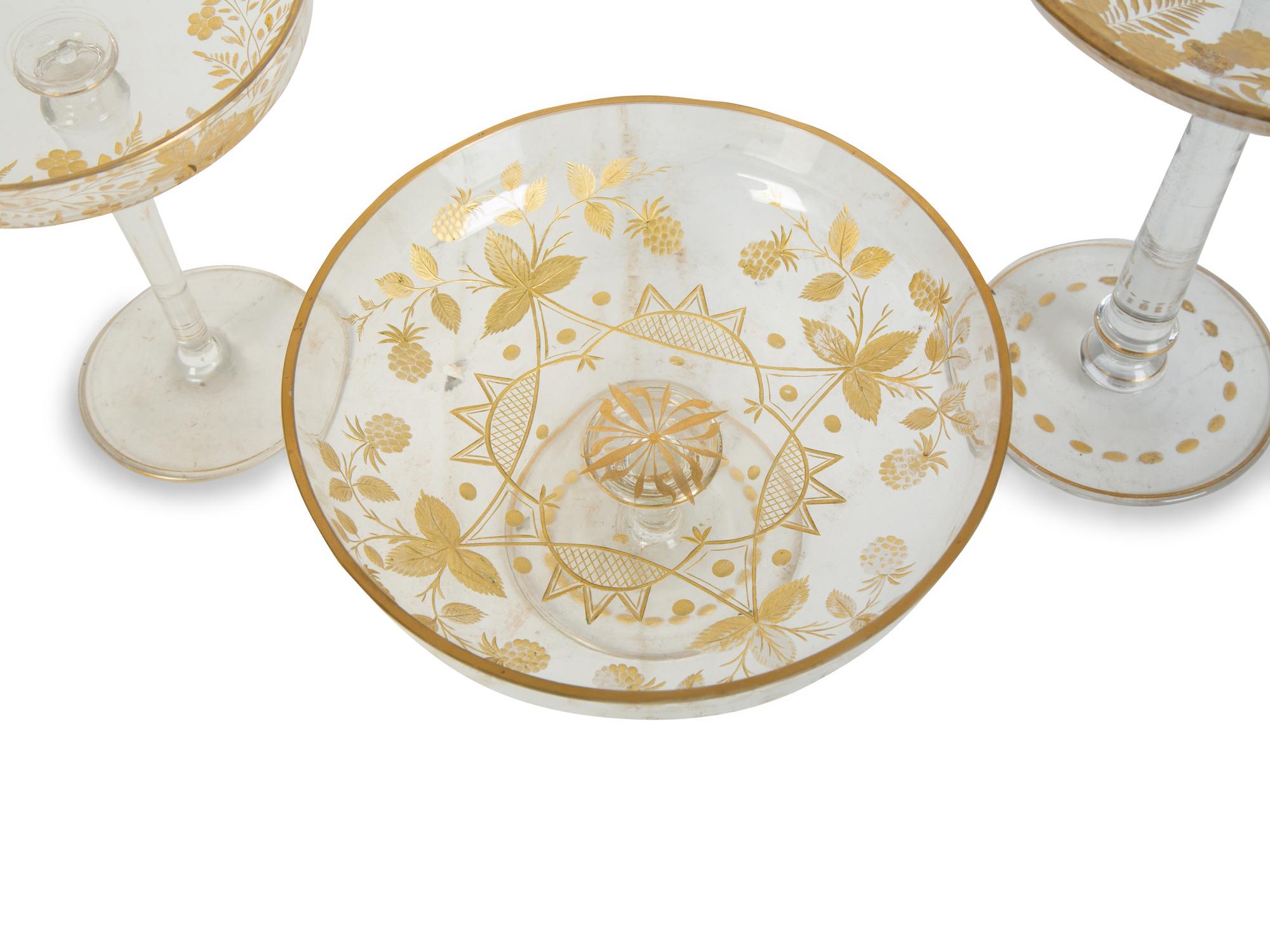 Three French Gilt Etched Glass Compotes — 19TH CENTURY