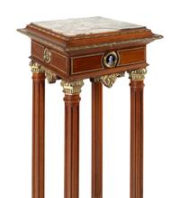 A Continental Gilt Bronze and Enamel Medallion Mounted Mahogany Marble-Top Pedestal