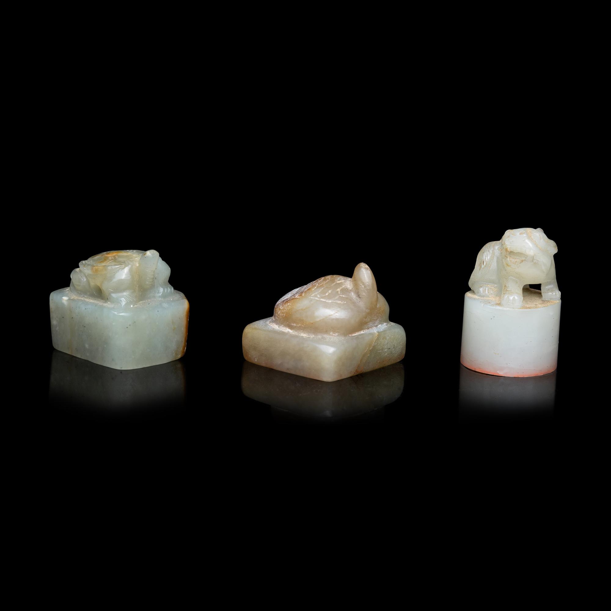 Three Chinese Celadon Jade Seals, Qing Dynasty 清 青玉印三枚