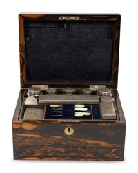 A Victorian Calamander Dressing Case with Silver Mounted Glass Articles