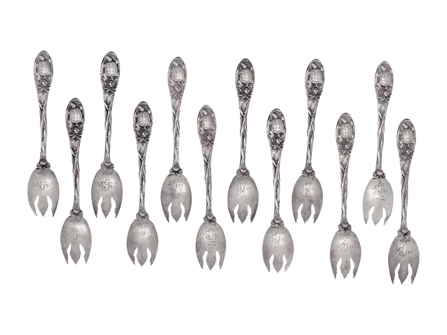 A Set of Twelve American Silver Terrapin Forks