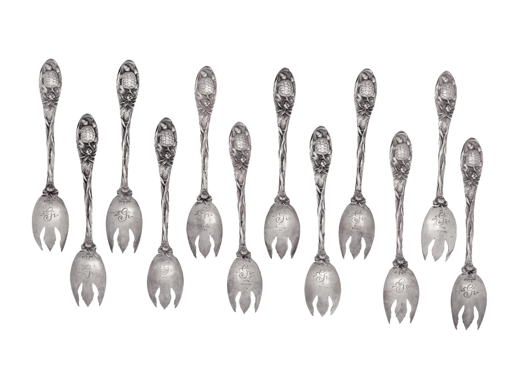 A Set of Twelve American Silver Terrapin Forks
