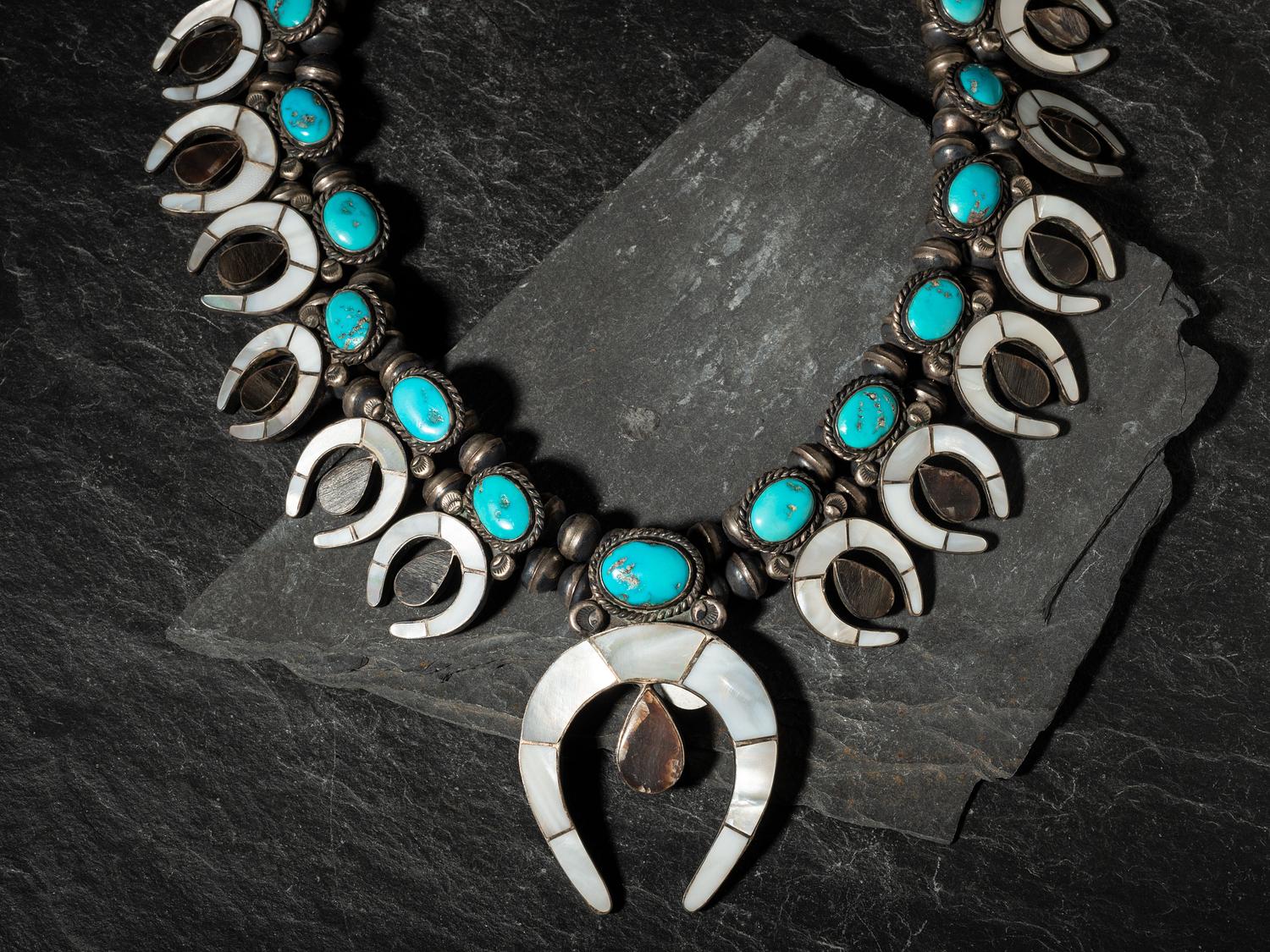 Zuni Channel Inlay Squash Blossom Necklace,