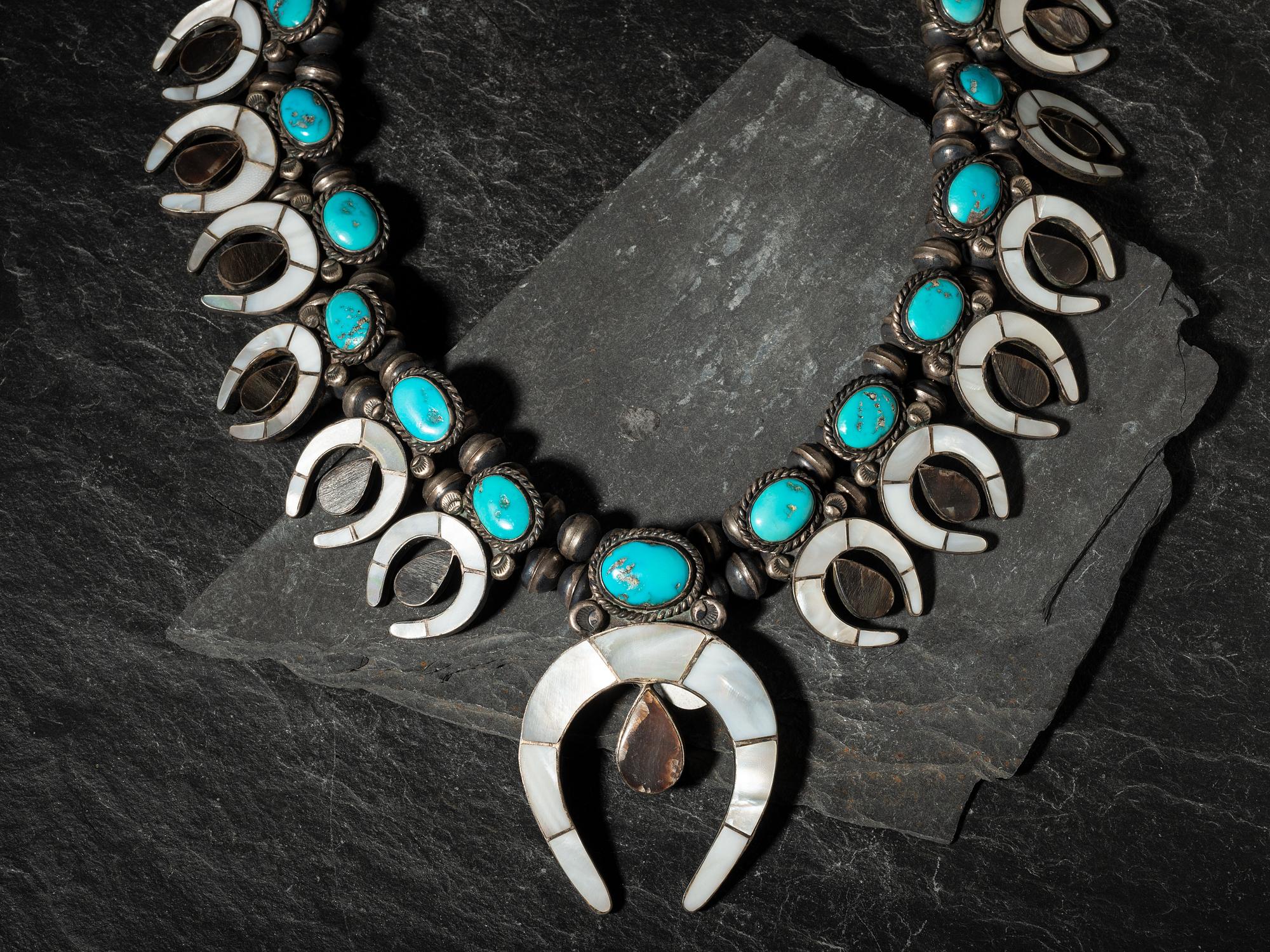 Zuni Channel Inlay Squash Blossom Necklace,