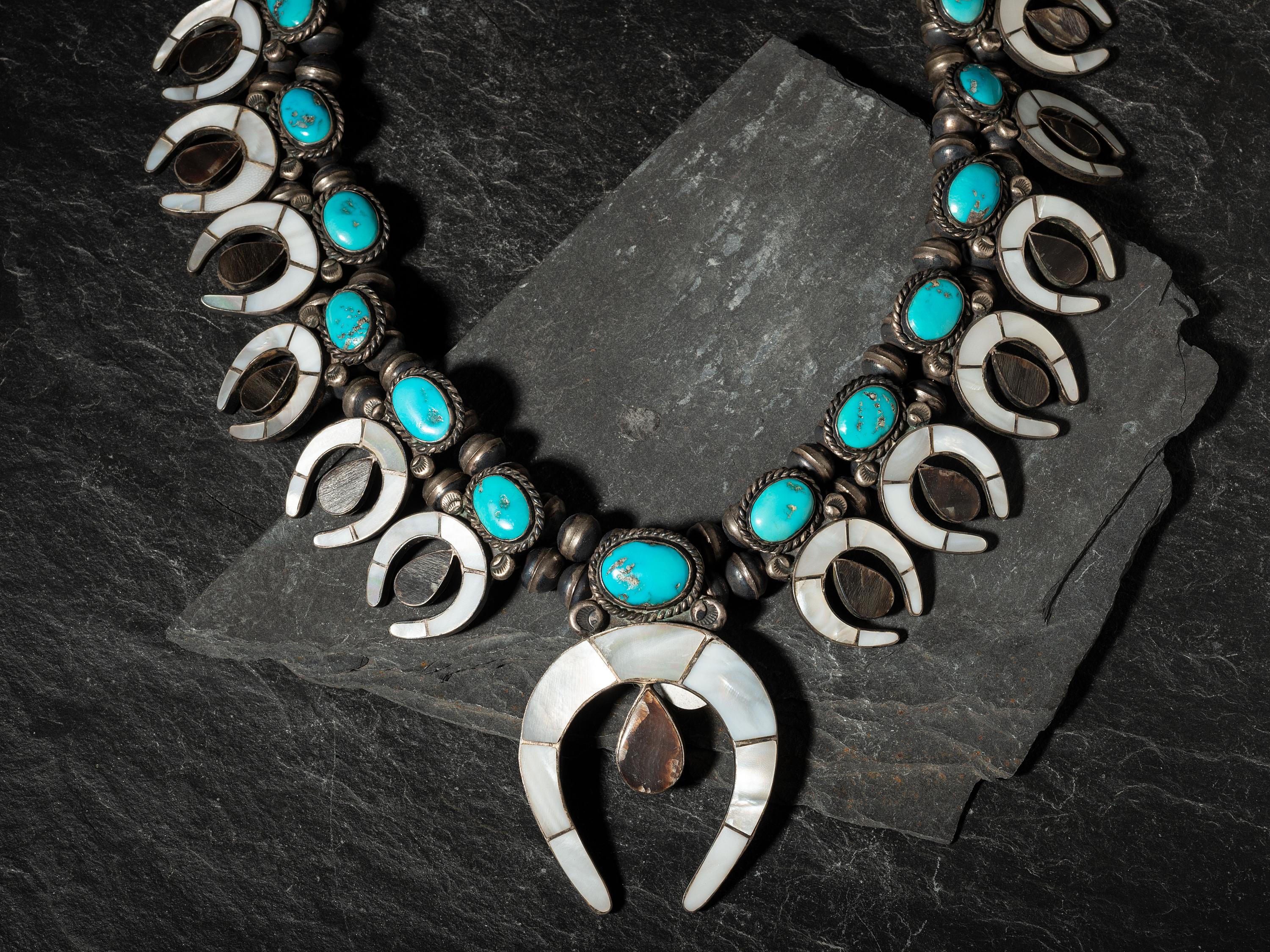 Zuni Channel Inlay Squash Blossom Necklace,