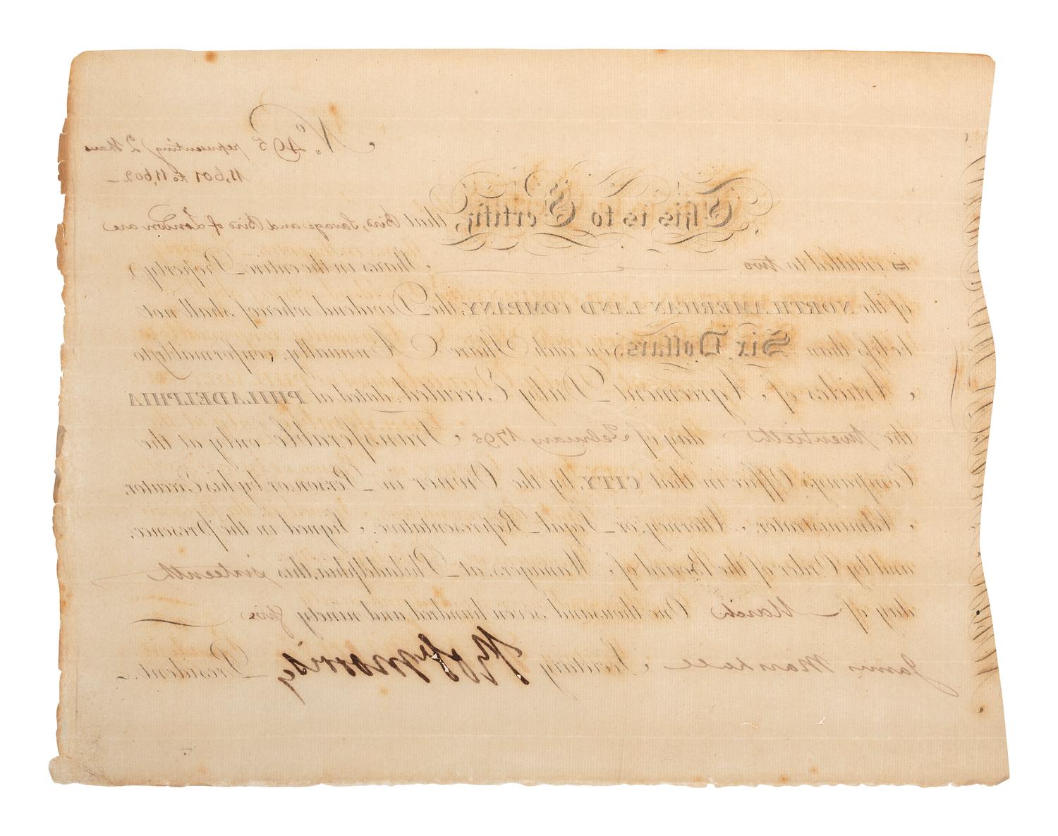 MORRIS, Robert (1734-1806). Document signed ("Robt. Morris") as Pres. of the North American Land Co.
