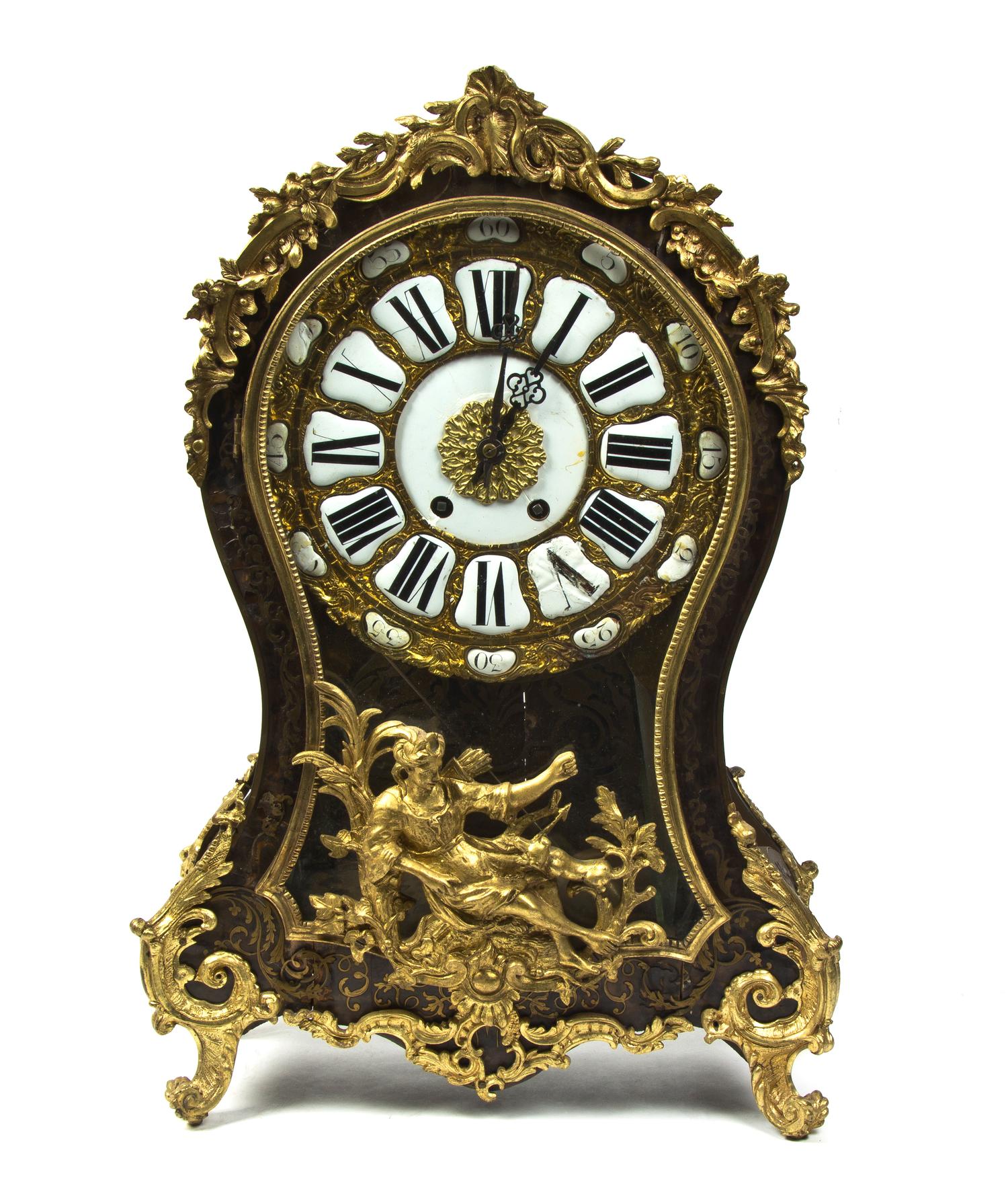 A Louis XV Style Gilt Bronze Mounted Boulle Mantel Clock, Height 24 5/8 inches.