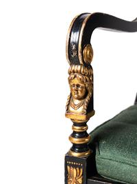 A Pair of Empire Style Ebonized and Parcel Gilt Curule Form Armchairs