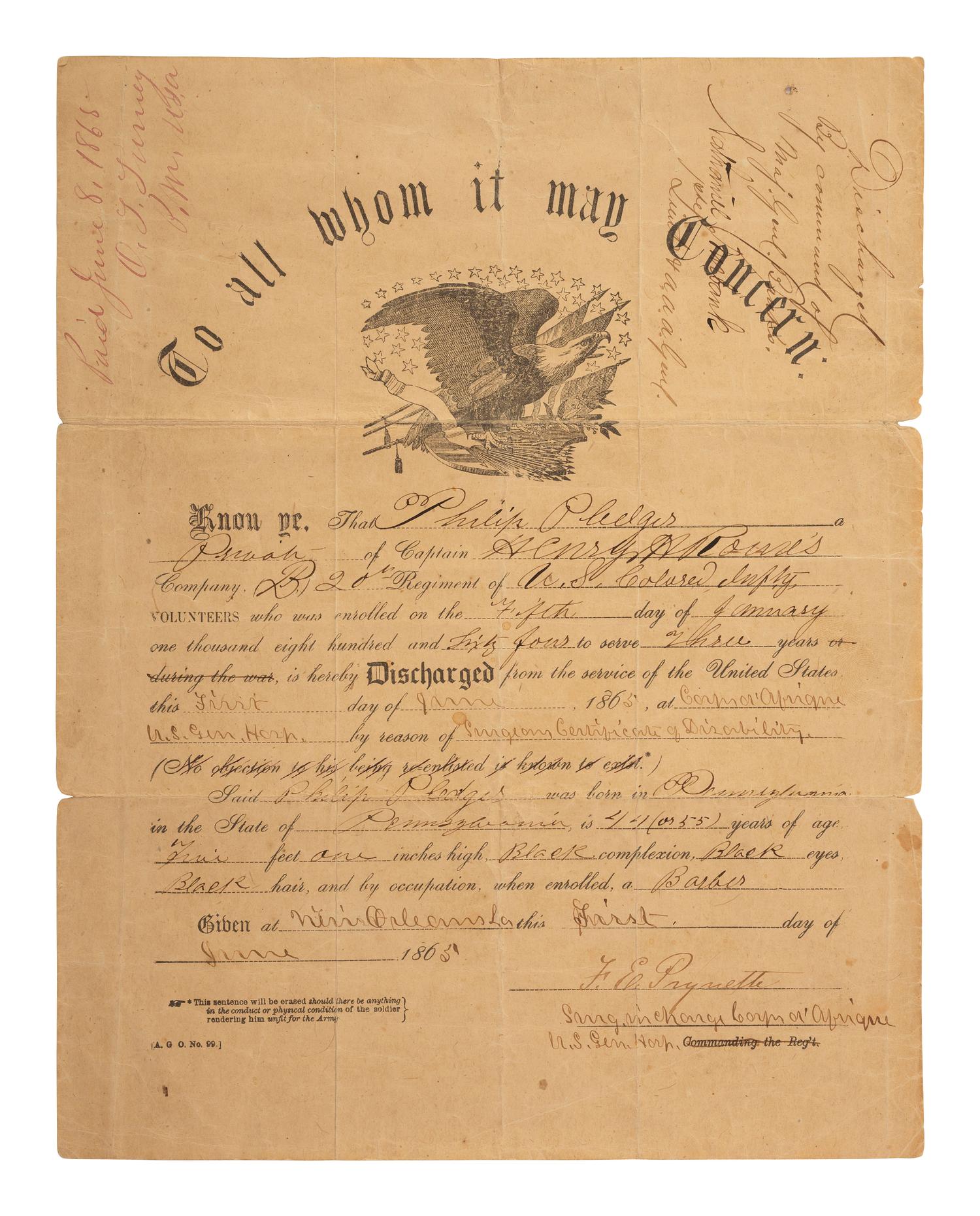 [CIVIL WAR]. Partly printed discharge document for Private. Philip Pledger, Company B, 20th Regiment United States Colored Troops. New Orleans, 1 June 1865.