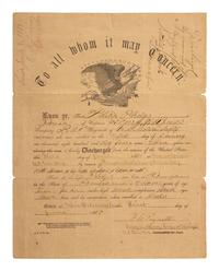 [CIVIL WAR]. Partly printed discharge document for Private. Philip Pledger, Company B, 20th Regiment United States Colored Troops. New Orleans, 1 June 1865.