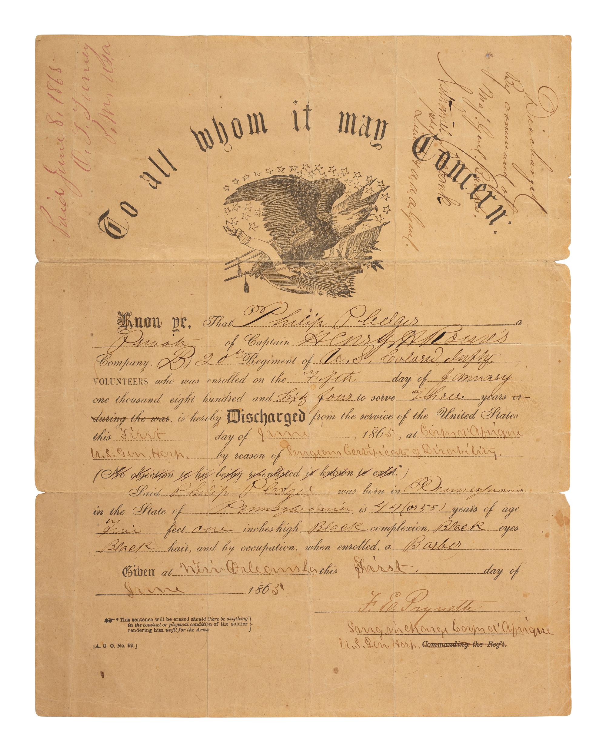 [CIVIL WAR]. Partly printed discharge document for Private. Philip Pledger, Company B, 20th Regiment United States Colored Troops. New Orleans, 1 June 1865.