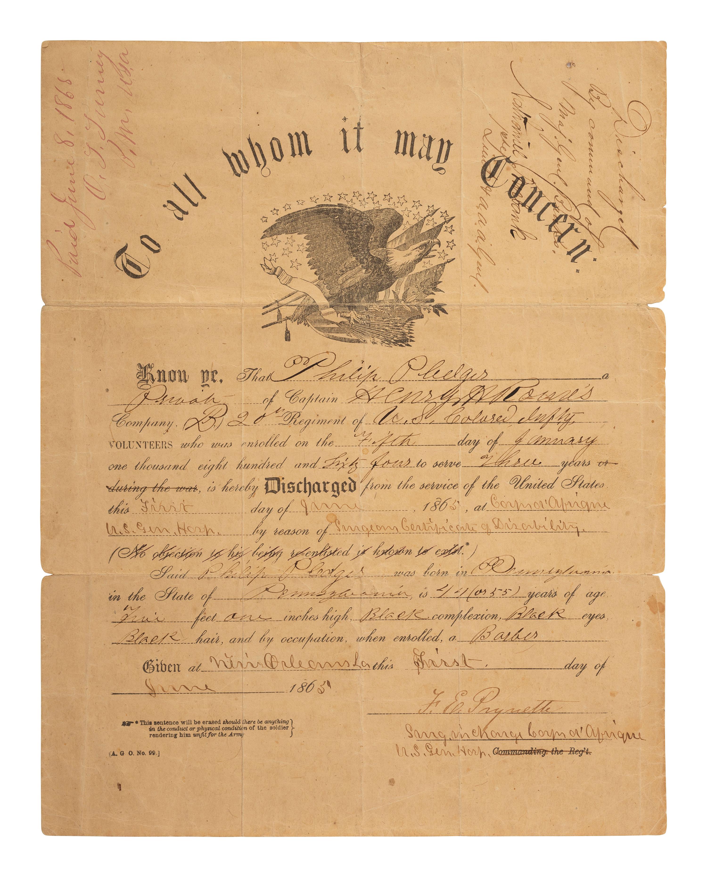 [CIVIL WAR]. Partly printed discharge document for Private. Philip Pledger, Company B, 20th Regiment United States Colored Troops. New Orleans, 1 June 1865.