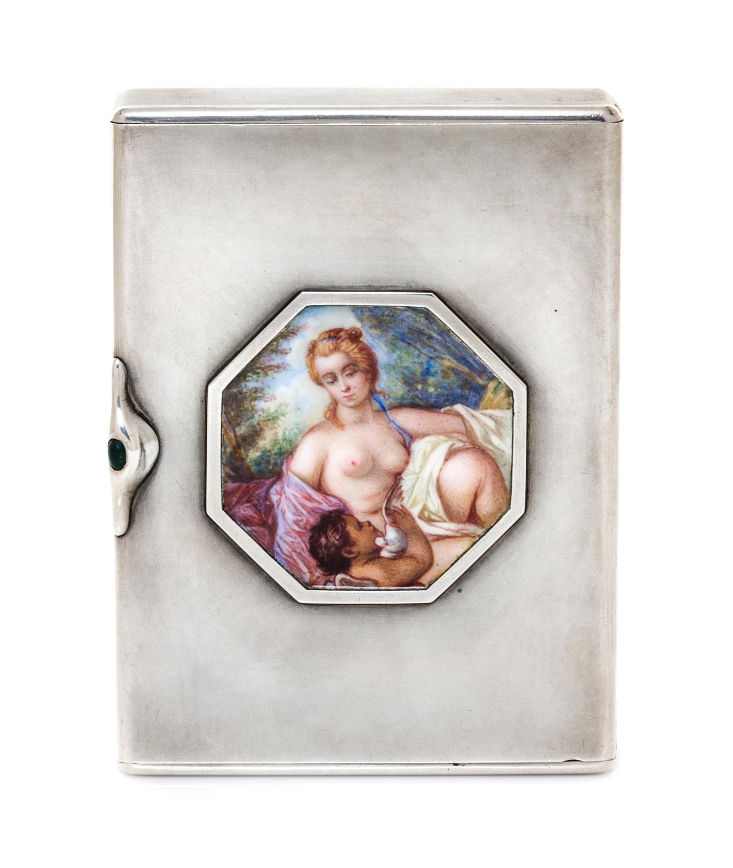 A Russian Silver Cigarette Case, Maker's mark Cyrillic AKh, Moscow, early 20th century, the lid centered by an octagonal painted scene