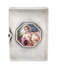 A Russian Silver Cigarette Case, Maker's mark Cyrillic AKh, Moscow, early 20th century, the lid centered by an octagonal painted scene