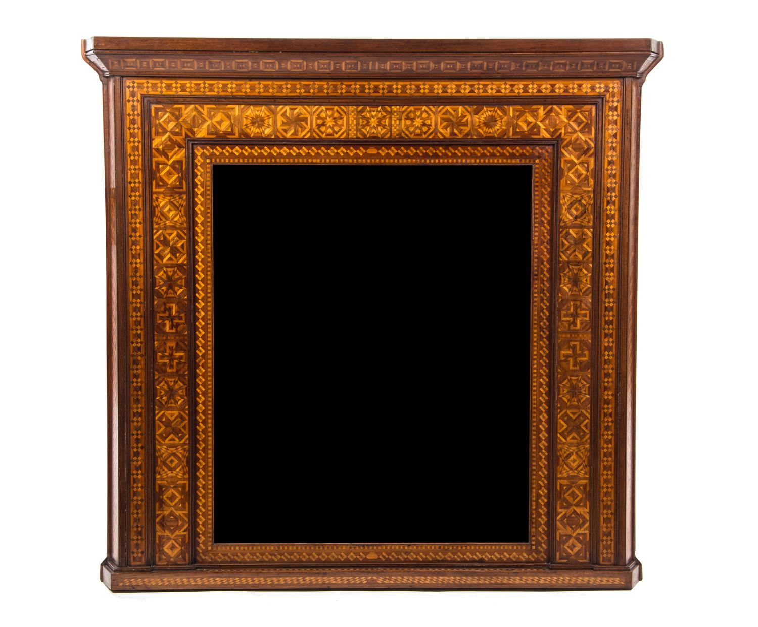 A Victorian Parquetry Over Mantel Mirror, Height 51 x width 53 inches.